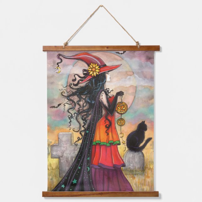 Witch Way Halloween Witch and Cat Art  Hanging Tapestry (Front)