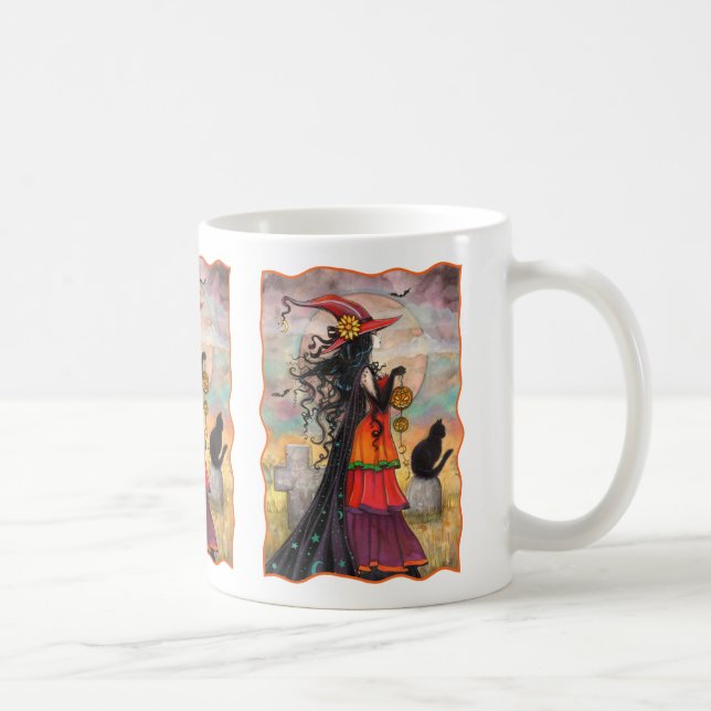 Witch Way Halloween Witch and Cat Fantasy Art Coffee Mug (Right)