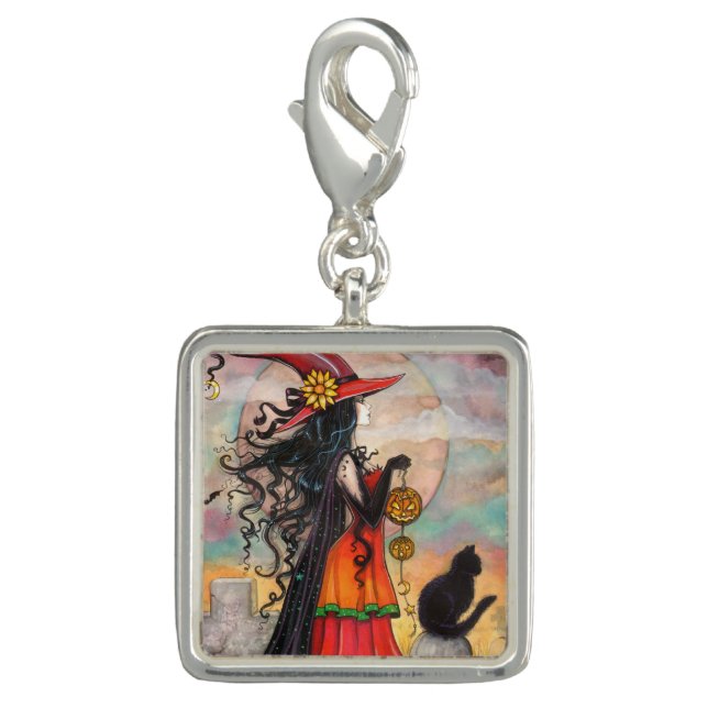 Witch Way Halloween Witch Cat Fantasy Art Charm (Front)