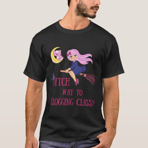 Witch way to clogging class Halloween pink cat bro T_Shirt