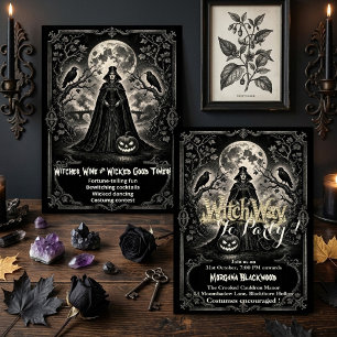 Witch Way to Party Full Moon Night Dark Monochrome Invitation