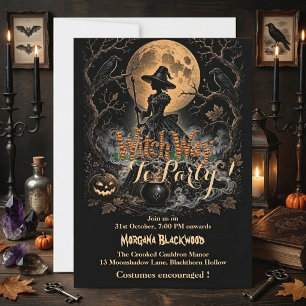Witch Way to Party Full Moon Vintage Dark Night Invitation