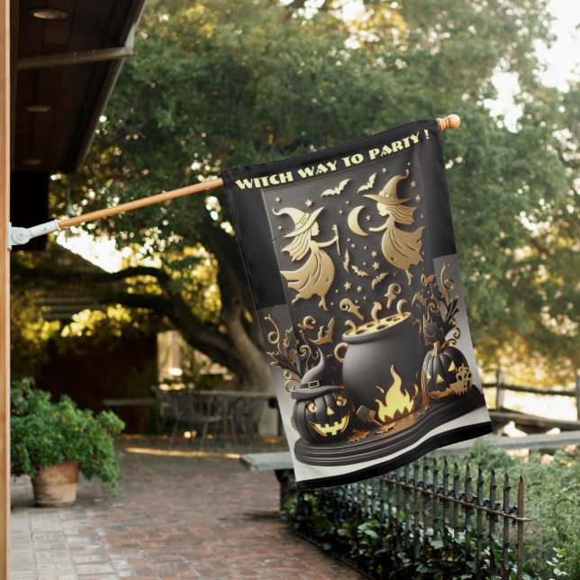 Witch Way to Party Halloween Witch Magic Cauldron House Flag (In SItu)