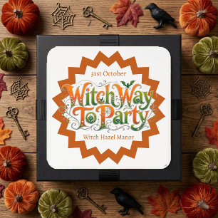 Witch Way to Party Orange Pumpkins Green Botanical Square Sticker