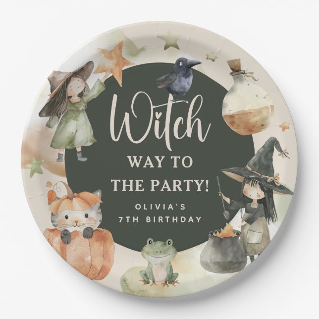 Witch Way to the Party' Kids Halloween Birthday Paper Plates (Front)