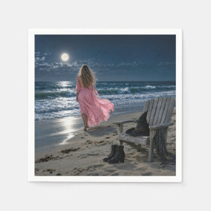 Witch Wearing a Pink Dress on a Moonlit Beach Napkins