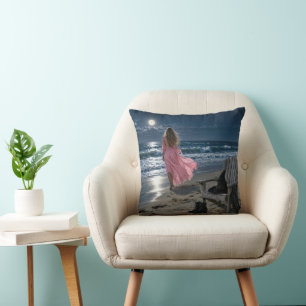 Witch Wearing a Pink Dress on a Moonlit Beach Throw Pillow