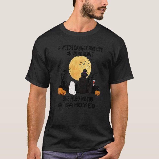Witch Wine And Samoyed Dog Mom  Halloween Costume T-Shirt (Front)