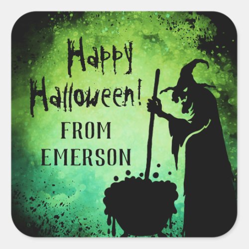 Witch witch cauldron gren black Happy Halloween Sq Square Sticker