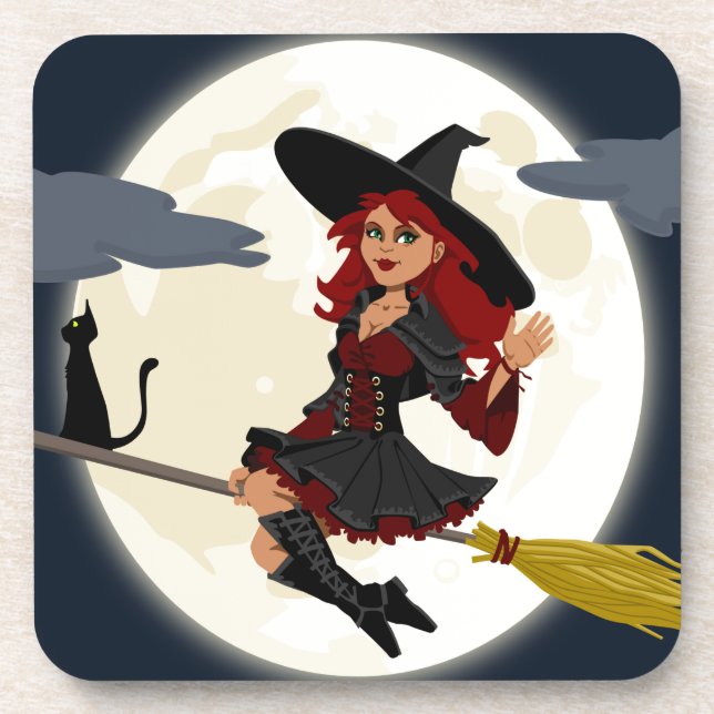 witch witchcraft broomstick broom beverage coaster (Front)