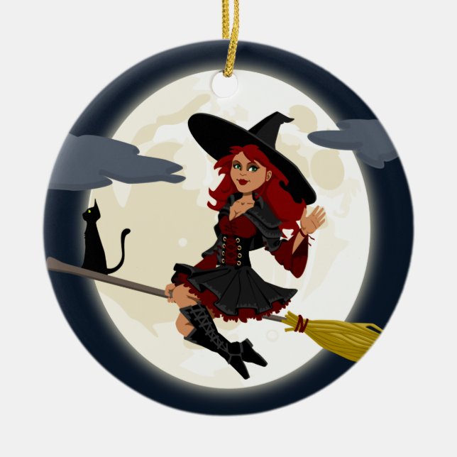 witch witchcraft broomstick broom ceramic ornament (Front)