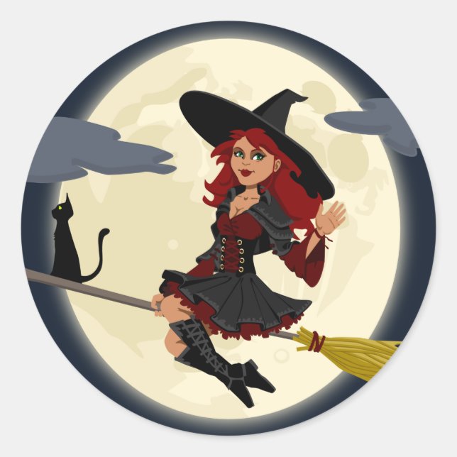 witch witchcraft broomstick broom classic round sticker (Front)
