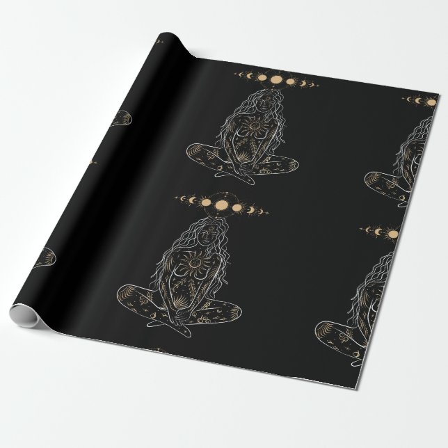 witch witchy witchcraft occult black gold wiccan wrapping paper (Unrolled)