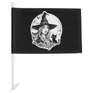Witch with a Cat and an Owl - Halloween Fan Fun 1 Car Flag