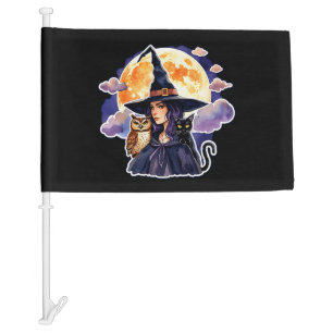 Witch with a Cat and an Owl - Halloween Fan Fun 2 Car Flag