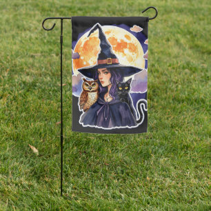 Witch with a Cat and an Owl - Halloween Fan Fun 2 Garden Flag