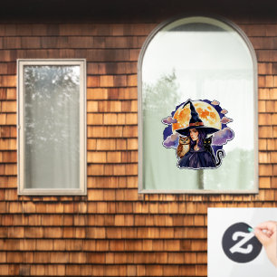 Witch with a Cat and an Owl - Halloween Fan Fun 2 Window Cling
