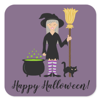 Witch With A Cat &amp; Happy Halloween Text Square Sticker