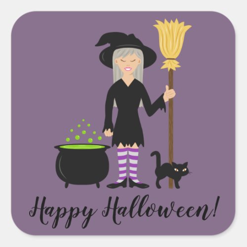 Witch With A Cat  Happy Halloween Text Square Sticker