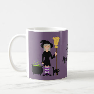 Witch With A Cat On Purple &amp; Happy Halloween Text Coffee Mug