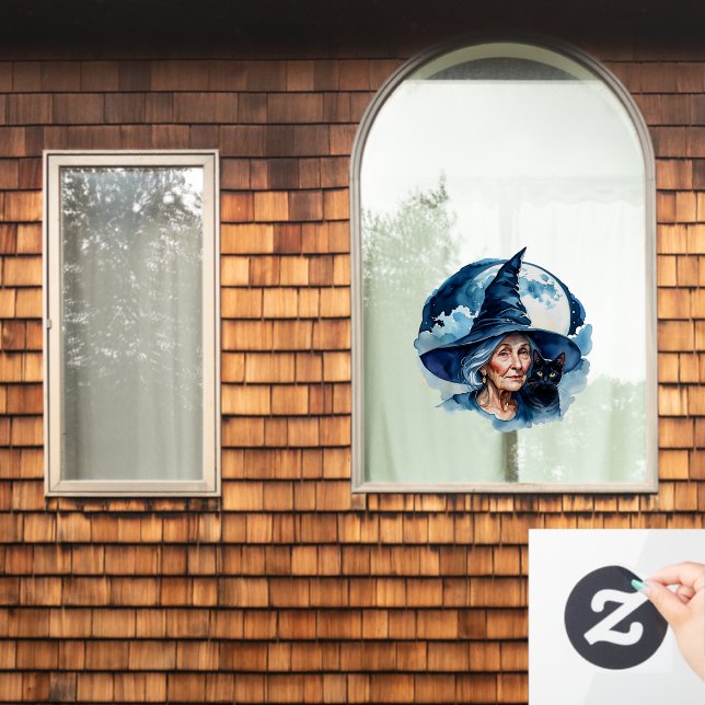 Witch with a Cat - Wicca Halloween 1 Window Cling (Home Window)