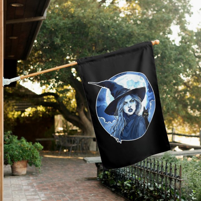 Witch with a Cat - Wicca Halloween 2 House Flag (In SItu)