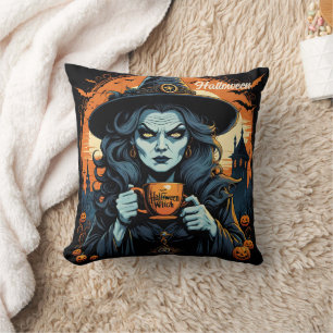 Witch with a potion on Halloween night Throw Pillow