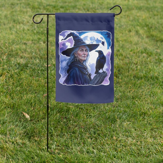 Witch with a Raven - Halloween Fan Fun 1 Garden Flag (In SItu)