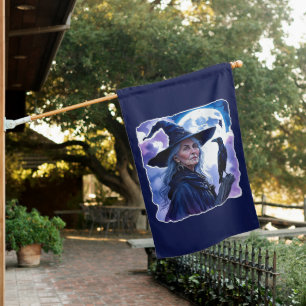 Witch with a Raven - Halloween Fan Fun 1 House Flag