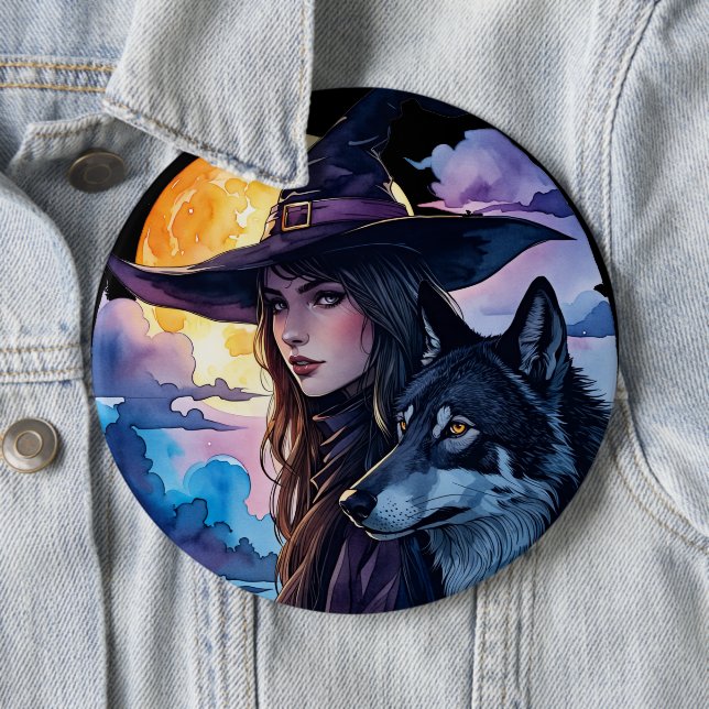 Witch with a Wolf - Halloween Fan Fun 1 Button (In Situ)