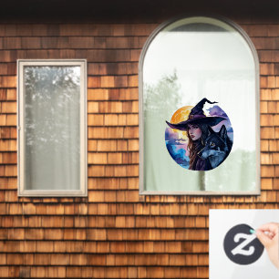 Witch with a Wolf - Halloween Fan Fun 1 Window Cling