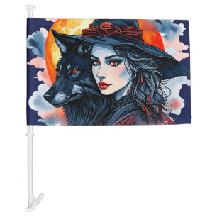 Witch with a Wolf - Halloween Fan Fun 2 Car Flag