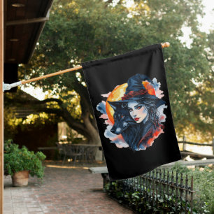 Witch with a Wolf - Halloween Fan Fun 2 House Flag