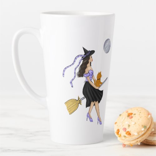 Witch with an Orange Cat on a Broomstick Latte Mug