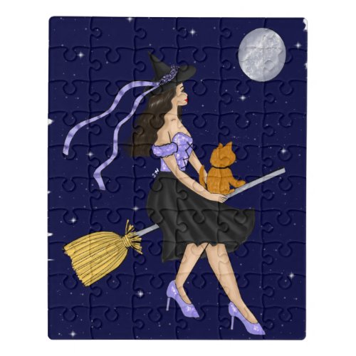 Witch with an Orange Cat on a Broomstick Poster Jigsaw Puzzle