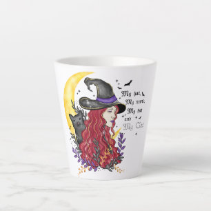 Witch with Black Cat and Crescent Moon Latte Mug