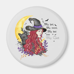 Witch with Black Cat and Crescent Moon Magnet
