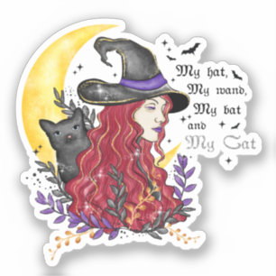 Witch with Black Cat and Crescent Moon Sticker