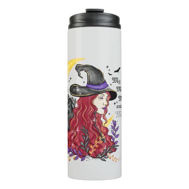 Witch with Black Cat and Crescent Moon Thermal Tumbler (Front)
