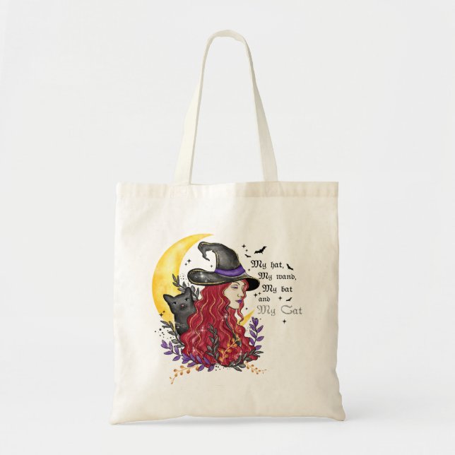 Witch with Black Cat and Crescent Moon Tote Bag (Front)