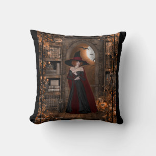 Witch with Black Cat Fantasy Pillow