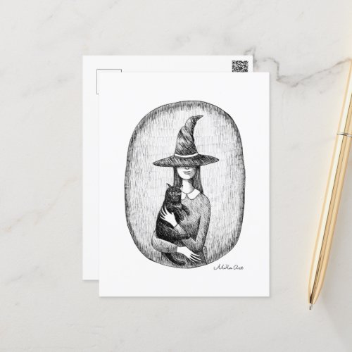 Witch with black cat portrait Magic Pegan Wiccan  Postcard