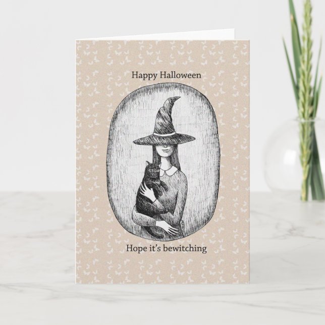 Witch with black cat Retro Classic Halloween  Card (Front)