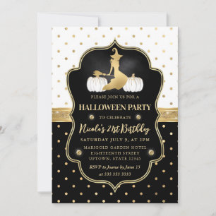 Witch with Black & White Polka Dots 21st Birthday Invitation
