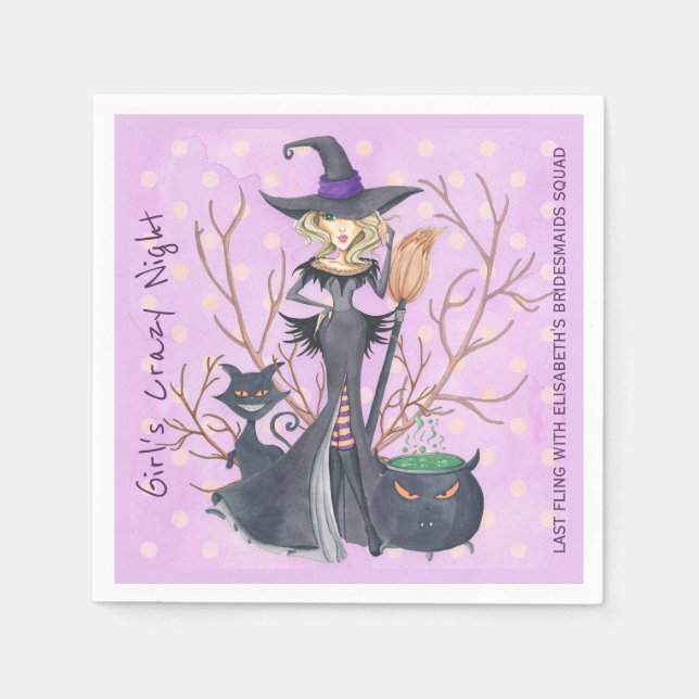 Witch with broom Halloween bachelorette party Napkins (Front)