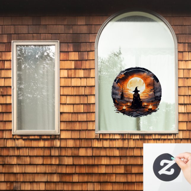 Witch with Candles and Fire - Wicca Halloween 2 Window Cling (Home Window)