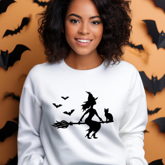 Witch With Cat And Bats Black Silhouette Halloween Sweatshirt