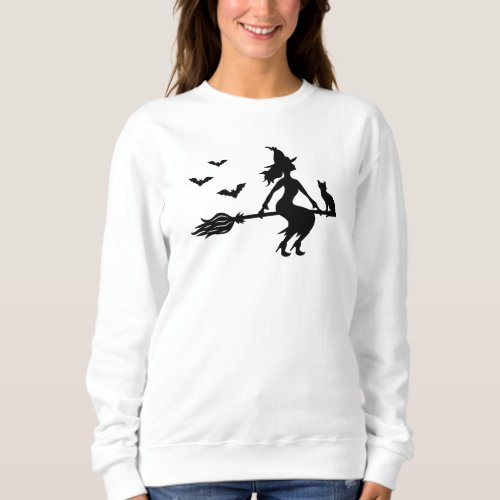 Witch With Cat And Bats Black Silhouette Halloween Sweatshirt