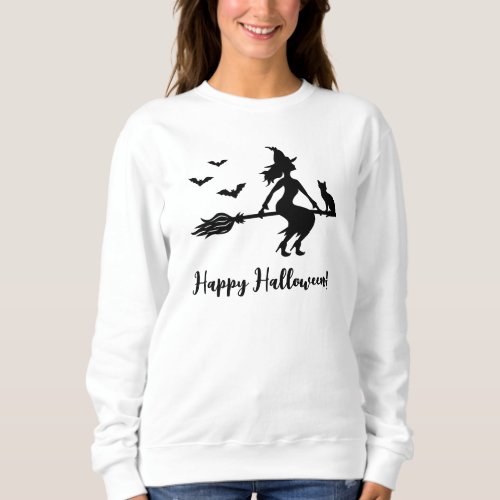 Witch With Cat And Bats Silhouette Happy Halloween Sweatshirt