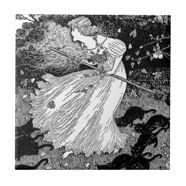 Witch with cats ceramic tile (Front)